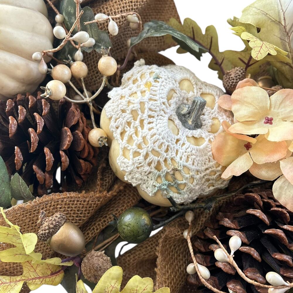 Rustic Fall Wreath With Pumpkins Pinecones & Burlap Ribbon 22" - Picture 5 of 5